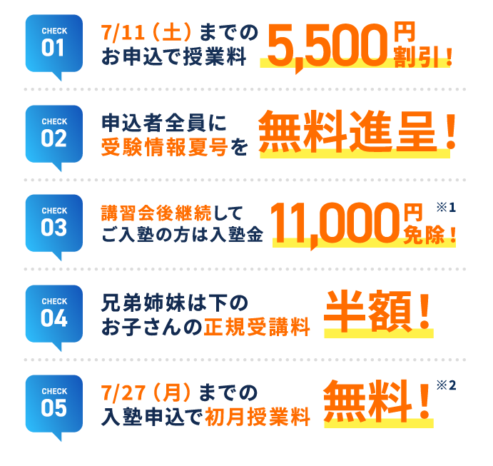 特典01：7/11(土)までのお申込みで授業料5,500円割引!。特典02：申込者全員に受験情報夏号を無料進呈!。特典03：講習会後継続してご入塾の方は入塾金11,000円免除!※1。特典04：兄弟姉妹の下のお子さんの正規受講料半額!。特典05：7/27(月)までの入塾申込で初月授業料無料!※2