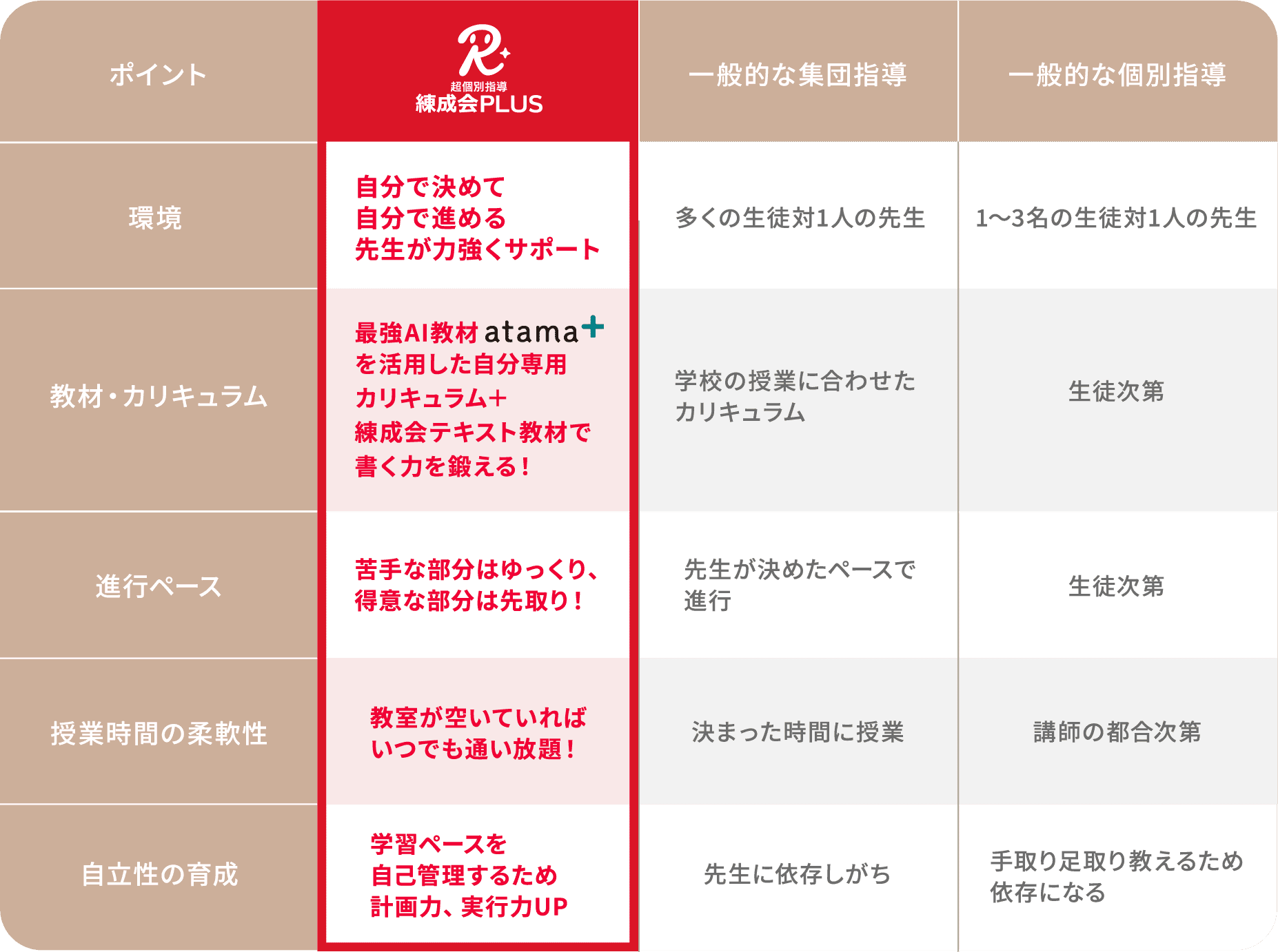 「練成会PLUS」と「集団指導」「個別指導」を比較した表。