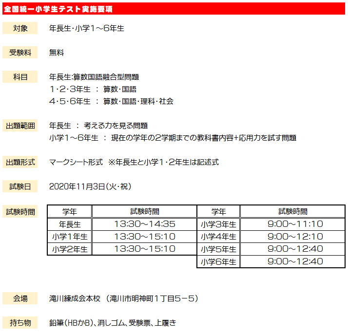全国統一小学生テストのご案内 滝川練成会 全国統一小学生テストのご案内 滝川練成会